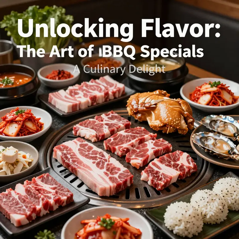 A vibrant Korean BBQ buffet offering a mix of meats and side dishes for an all-you-can-eat experience.