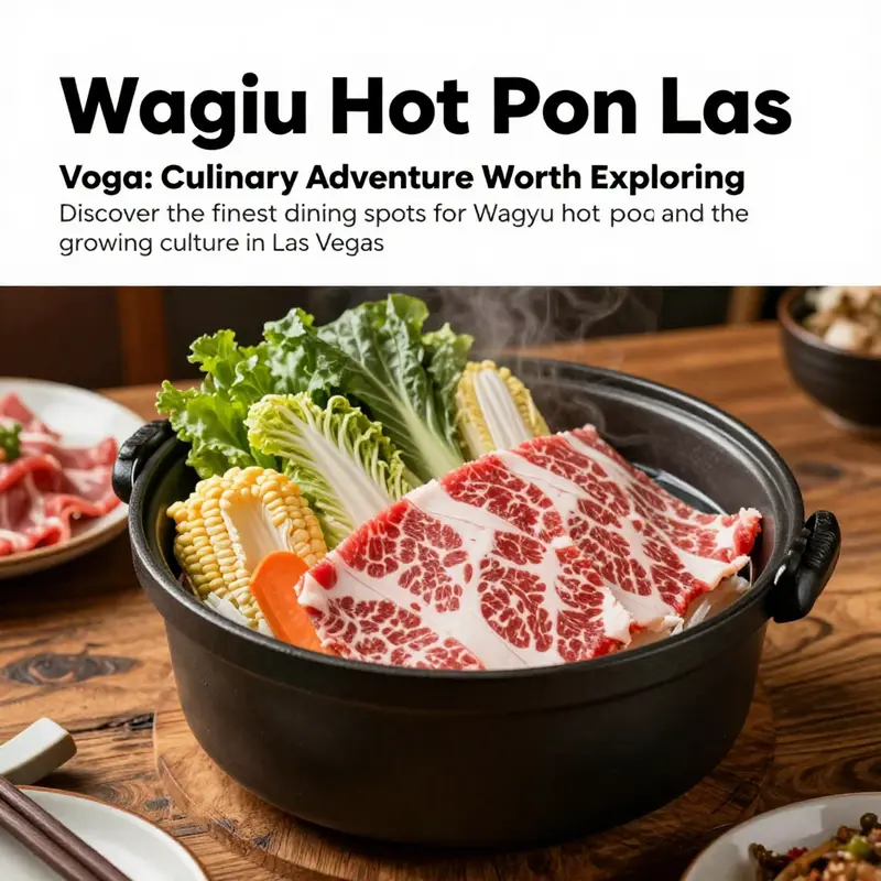 A striking display of a Wagyu hot pot filled with colorful vegetables and high-quality beef on a wooden table.