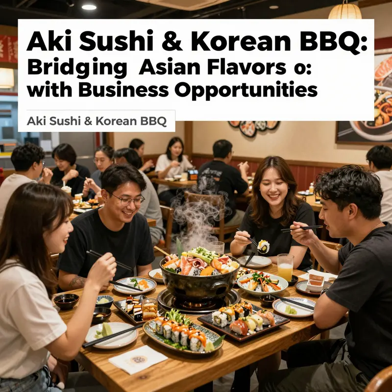 A lively restaurant scene at Aki Sushi & Korean BBQ displaying patrons enjoying their meals in a colorful setting.