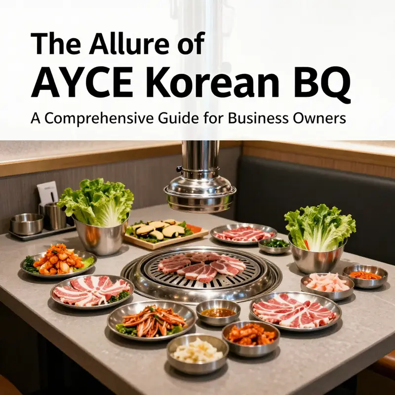 A vibrant table setting for AYCE Korean BBQ, showcasing various meats and side dishes.