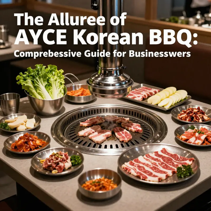 An inviting AYCE Korean BBQ table with a variety of meats and side dishes illustrating the dining experience.