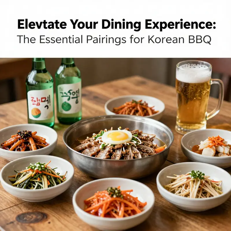 An inviting arrangement of traditional Korean BBQ accompaniments and grilled meats.