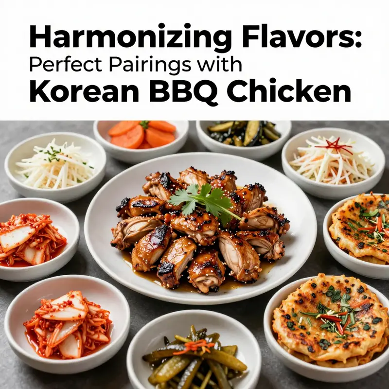 A colorful array of traditional Korean side dishes artfully arranged to complement BBQ chicken.