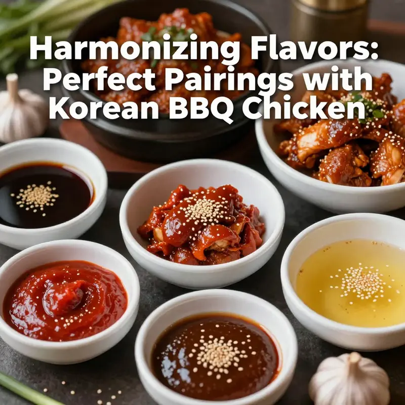 A colorful array of traditional Korean side dishes artfully arranged to complement BBQ chicken.