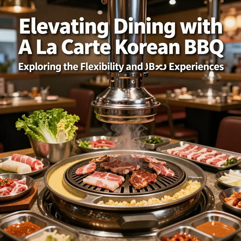 A grill with various meats being cooked, surrounded by fresh vegetables and sauces, symbolizing the essence of a la carte Korean BBQ dining.