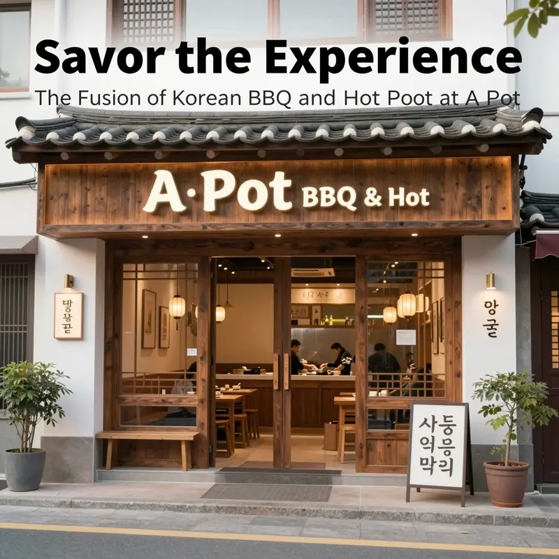 Exterior view of A Pot Korean BBQ & Hot Pot, showcasing its modern entrance and decorative elements.