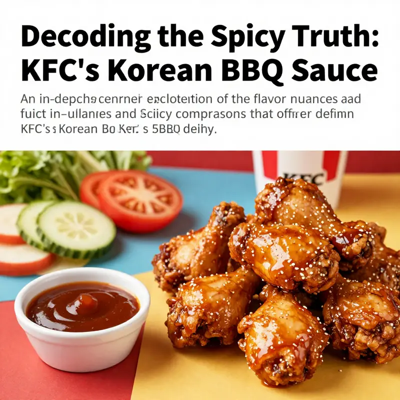 An engaging shot of KFC chicken served with Korean BBQ sauce and fresh vegetables on a colorful tablecloth.