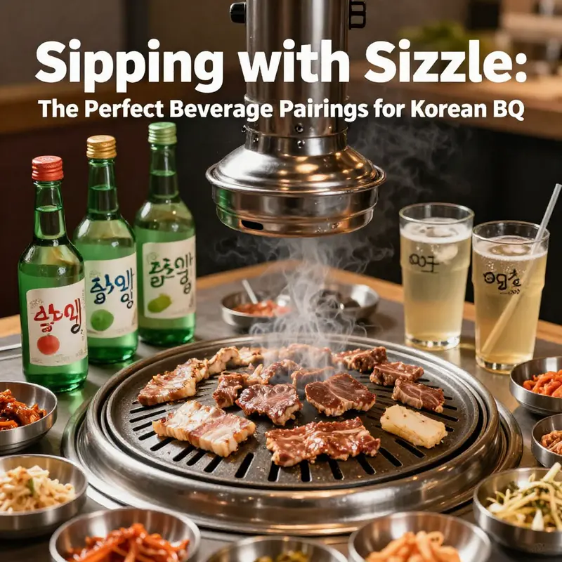 A Korean BBQ setup displaying various grilled meats and an array of beverages including soju and wine.