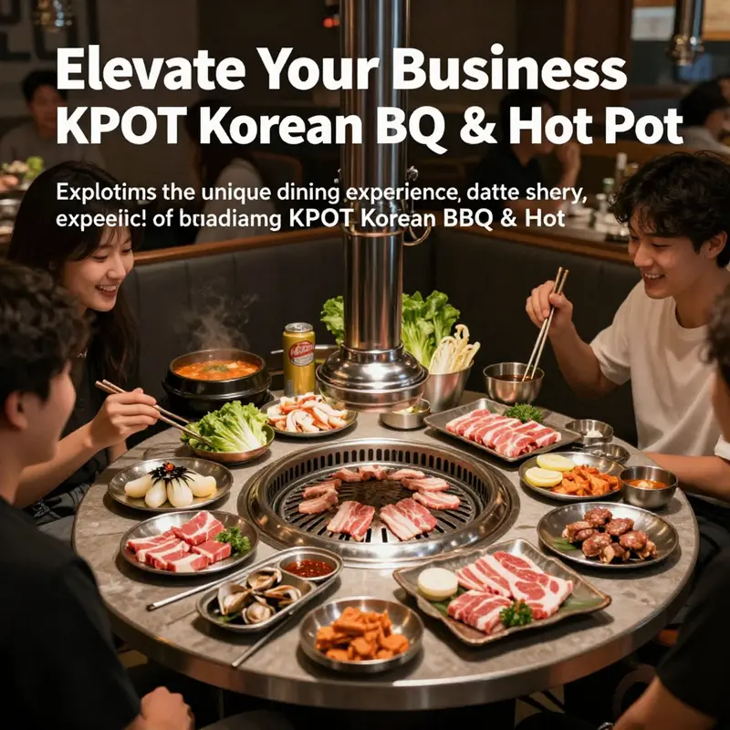 A dynamic table setting at KPOT Korean BBQ & Hot Pot, showcasing a mix of meats and vegetables ready for grilling and cooking.