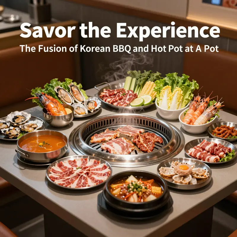 A lively dining environment at A Pot with grilled meats and hot pot ingredients ready for a shared culinary experience.