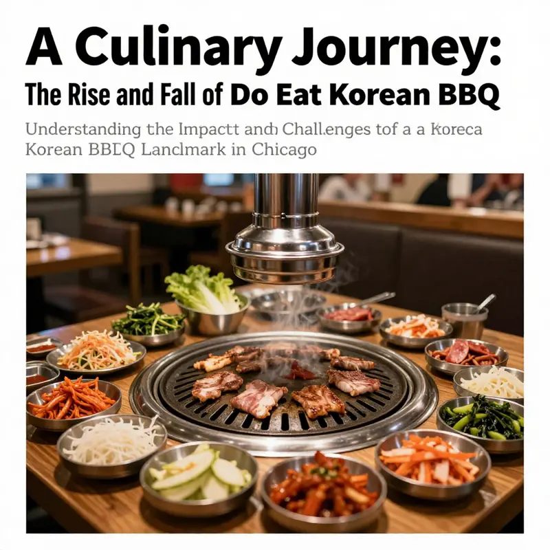 A Korean BBQ grill laden with meats and side dishes, showcasing a lively dining atmosphere.