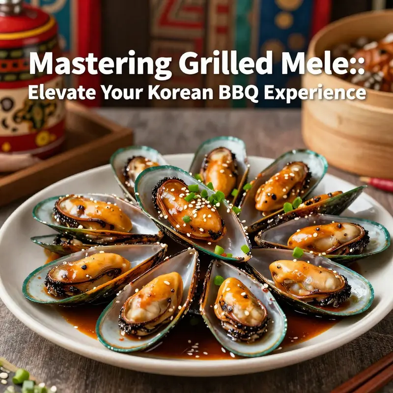 A delicious plate of grilled mussels, garnished with green onion and sesame seeds, artfully displayed in a Korean BBQ setting.
