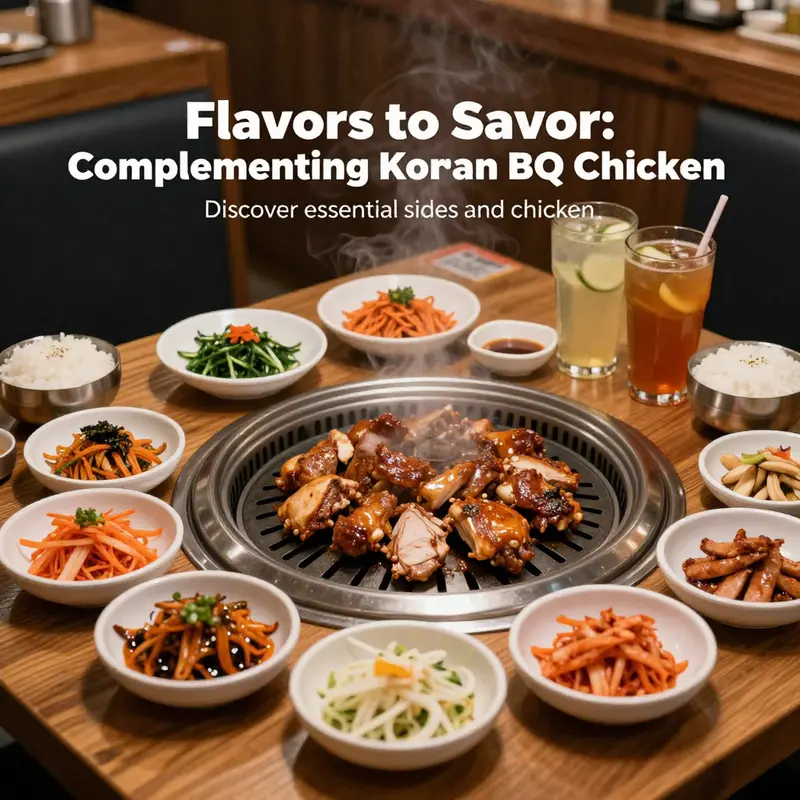 A beautifully set table with Korean BBQ chicken, side dishes, and beverages showcasing a complete dining experience.