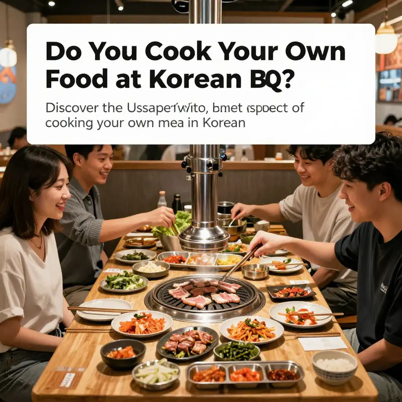 Vibrant Korean BBQ table with grilled meats, banchan, and joyful diners enjoying their meal.