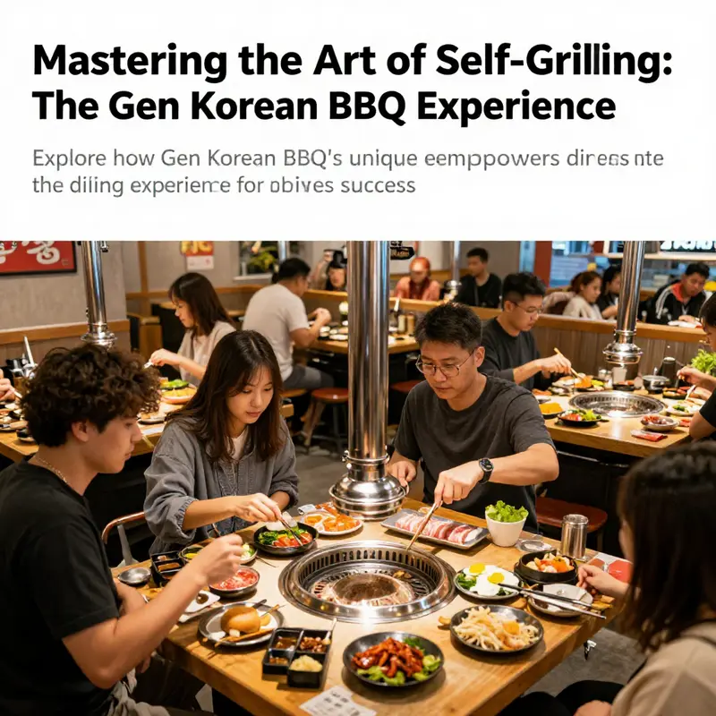 An energetic restaurant atmosphere with diners cooking at tables, enjoying the engaging experience of Gen Korean BBQ.