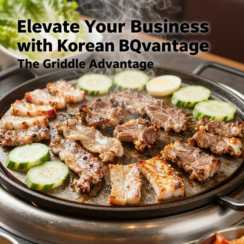 A close-up of a griddle filled with sizzling Korean BBQ meats and vegetables, showcasing the vibrant food preparation process.