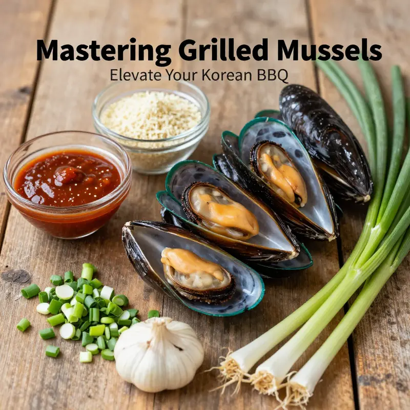 Fresh ingredients laid out for preparing mussels at Korean BBQ.