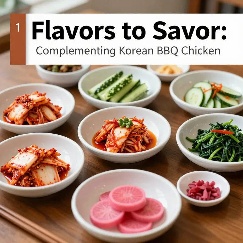 An array of colorful banchan that complements Korean BBQ chicken.