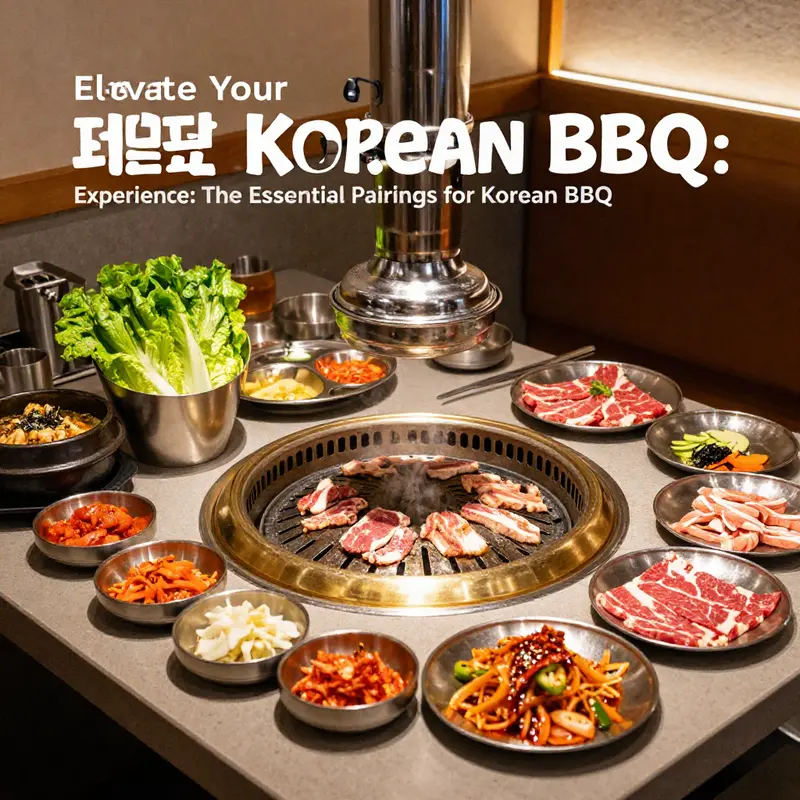 An inviting arrangement of traditional Korean BBQ accompaniments and grilled meats.
