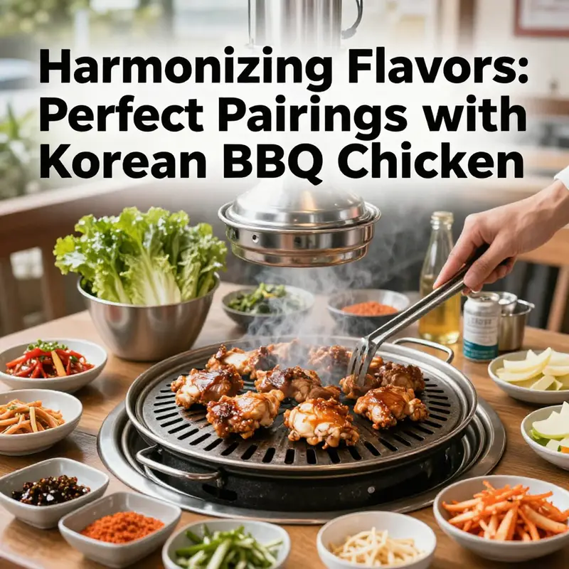 A vibrant BBQ scene featuring sizzling Korean BBQ chicken with various side dishes and condiments.