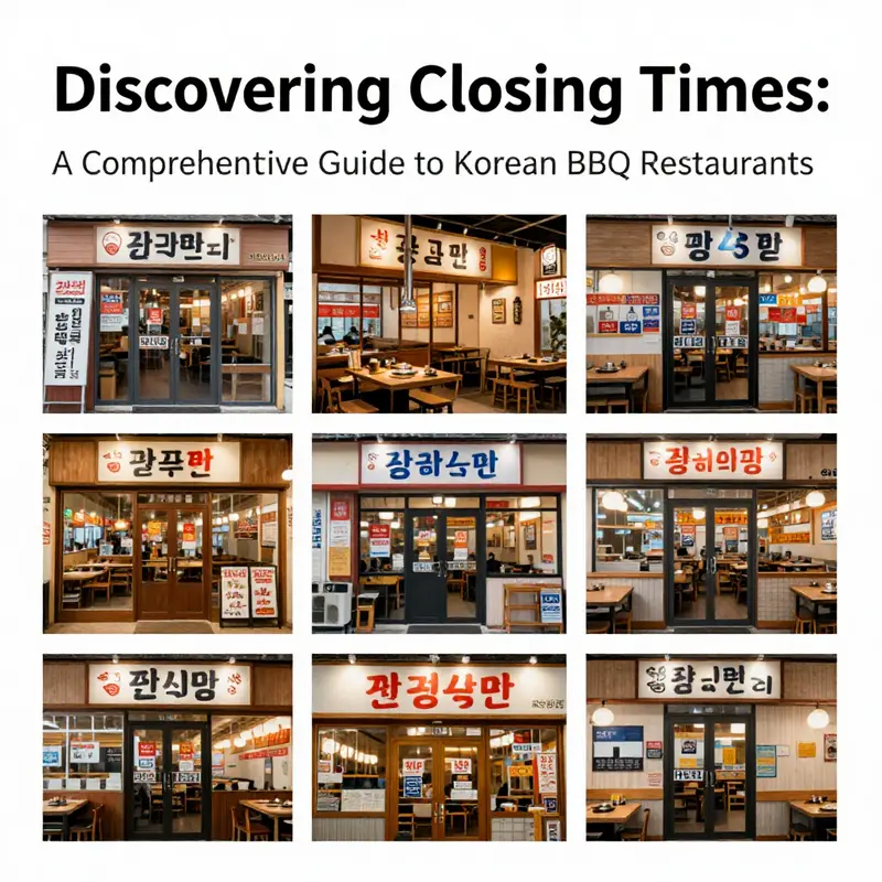 A display of various Korean BBQ restaurants showing their different closing times.