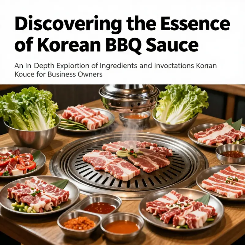 Korean BBQ arrangement featuring grilled meats, vegetables, and sauces, depicting a traditional dining experience.