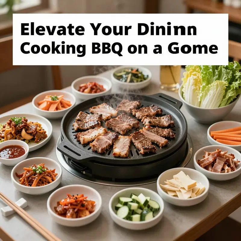 A table set for Korean BBQ with grilled meats, side dishes, and sauces, inviting a communal dining experience.