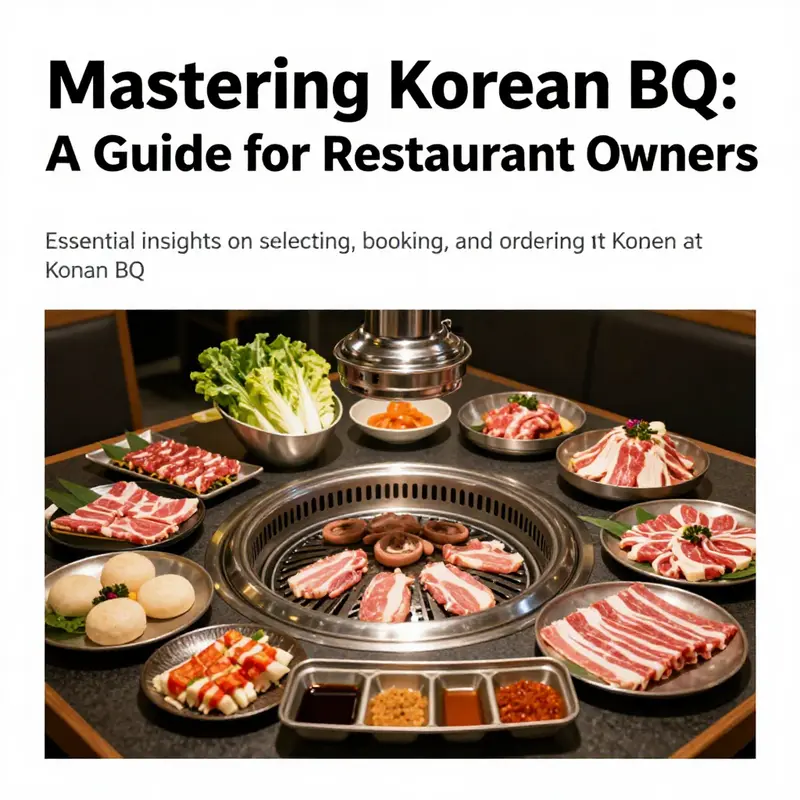 A table set for Korean BBQ featuring various meats, grilling equipment, and sides prepared for a group of diners.