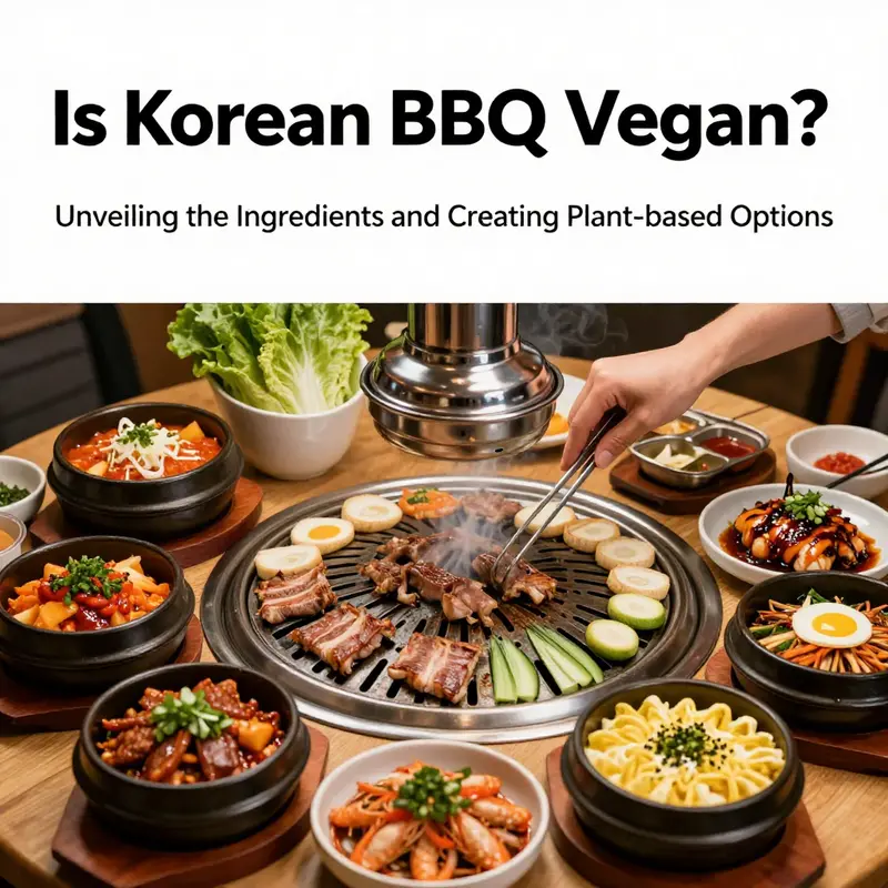 A group of friends enjoying a festive Korean BBQ, featuring a variety of dishes including traditional meats and vegan options at a grill.