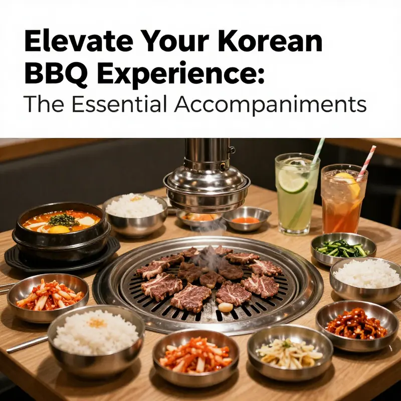 A table filled with Korean BBQ dishes, including grilled beef, rice, banchan, and drinks, specially arranged for a feast.