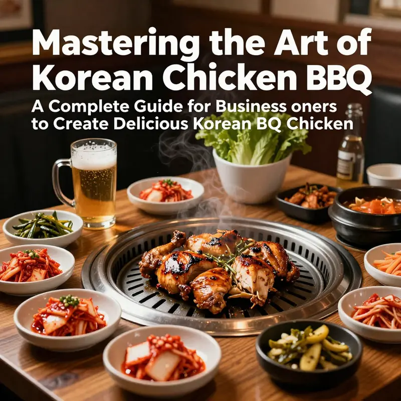 A beautifully presented Korean BBQ feast with grilled chicken, kimchi, and pickled vegetables on a table setting.