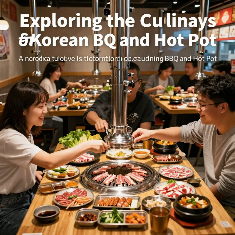 A restaurant scene with diners enjoying Korean BBQ and Hot Pot, highlighting the social interaction and diversity of flavors.