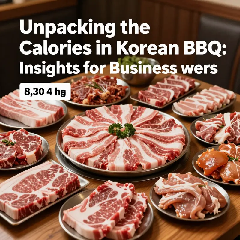 A selection of raw Korean BBQ meats, each labeled with their respective calorie content, highlighting popular choices.
