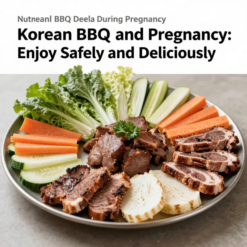 A safety-focused Korean BBQ setup featuring only well-cooked meats and fresh vegetables.