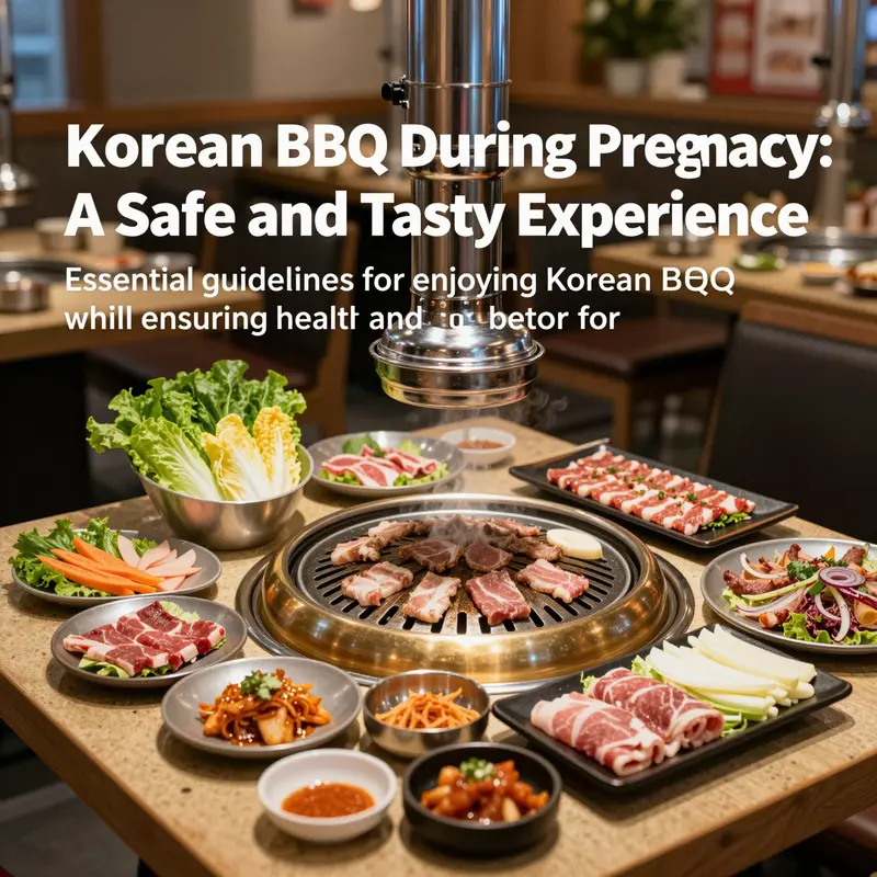 A colorful setup of a Korean BBQ grill at a restaurant, displaying grilled meats and fresh vegetables, promoting health-conscious dining for expectant mothers.