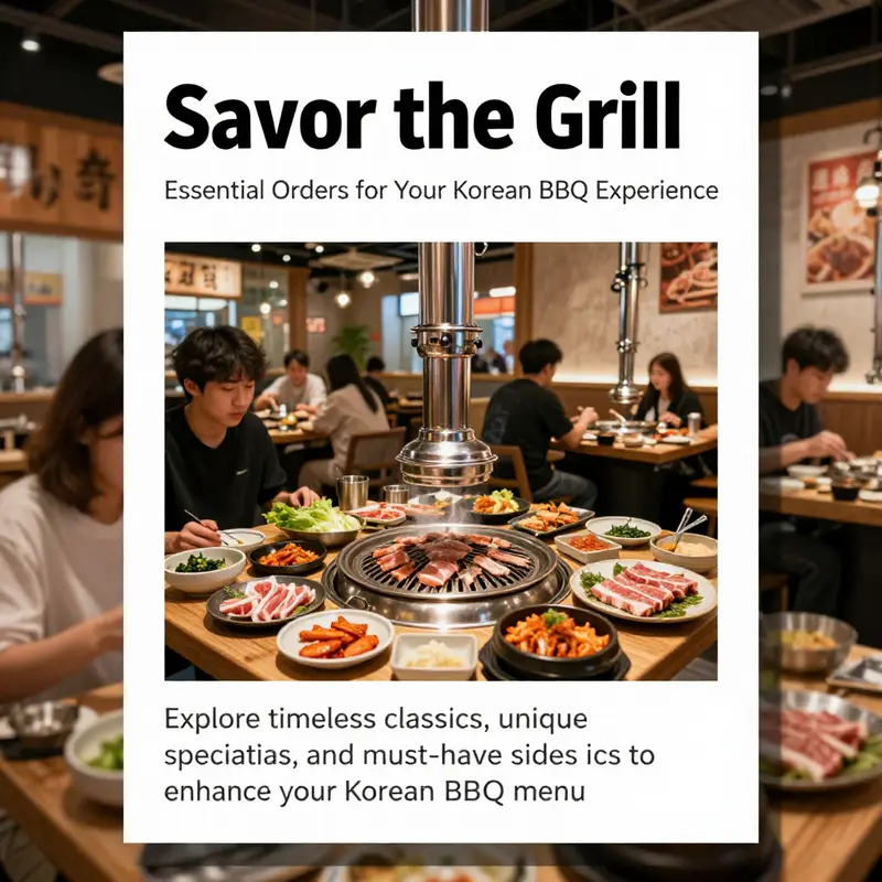 A vibrant dining scene at a Korean BBQ restaurant with people enjoying grilled meats and side dishes.