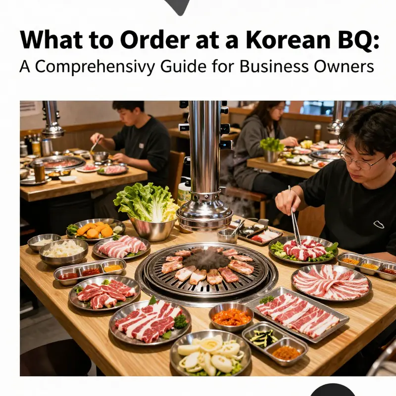 An inviting Korean BBQ restaurant setting with diverse food displays and happy guests enjoying their meal.
