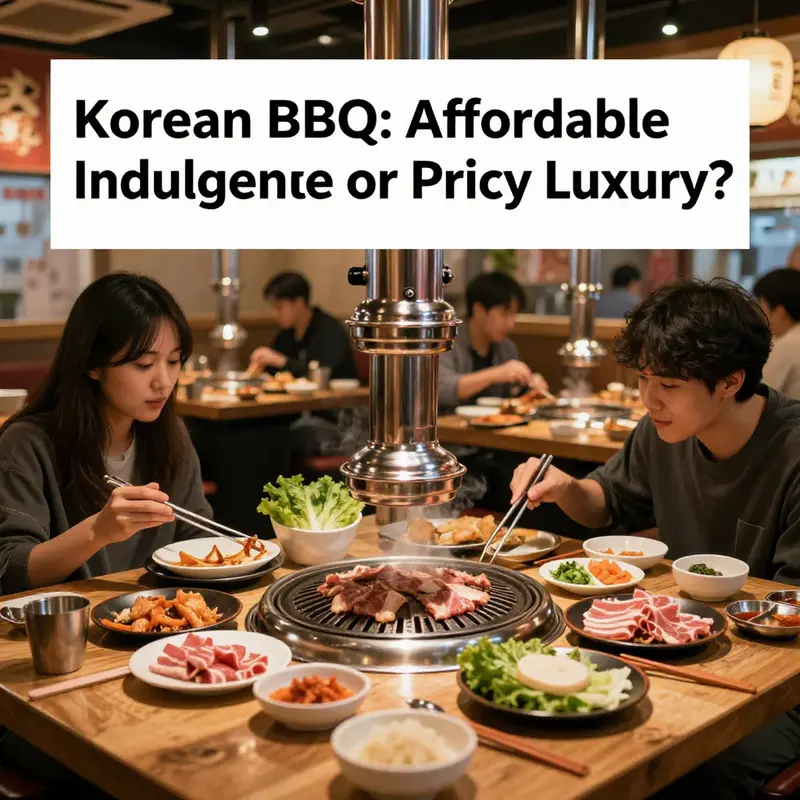 A bustling Korean BBQ restaurant scene with diners enjoying grilled meats and vibrant side dishes.
