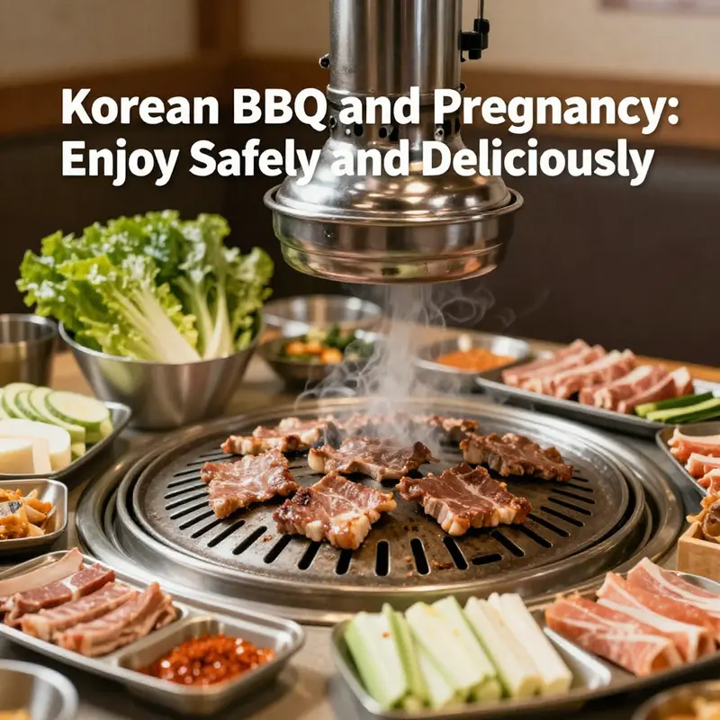 A safety-focused Korean BBQ setup featuring only well-cooked meats and fresh vegetables.