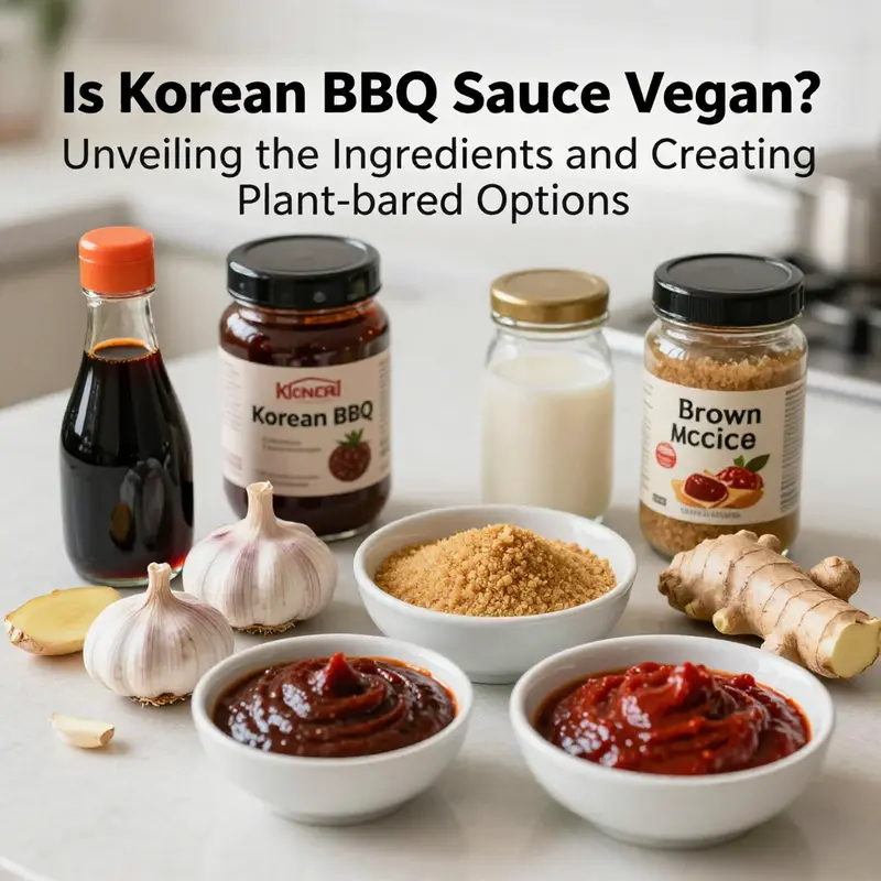 An assortment of key ingredients for Korean BBQ sauce, showcasing options that can be either non-vegan or vegan-friendly.