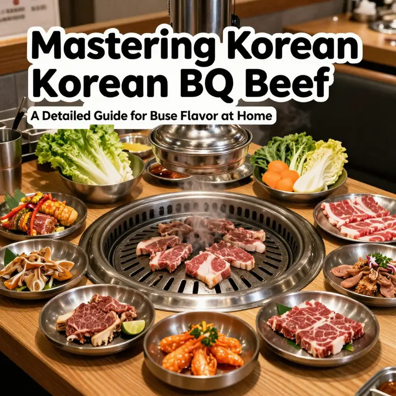 A dining table adorned with grilled beef and colorful sides representing a full Korean BBQ meal.