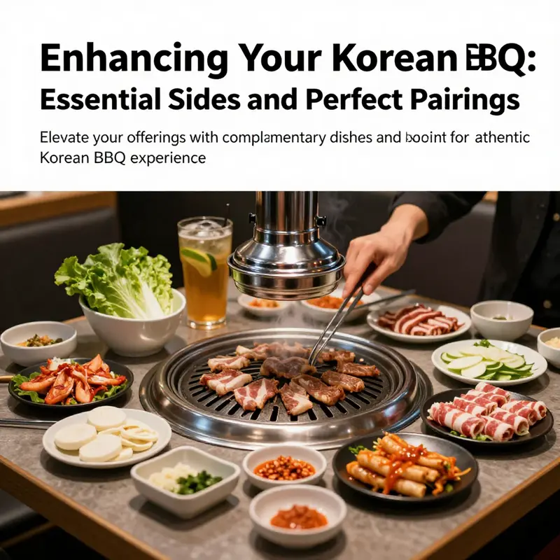 A detailed arrangement of a Korean BBQ table with grilled meats and colorful side dishes.