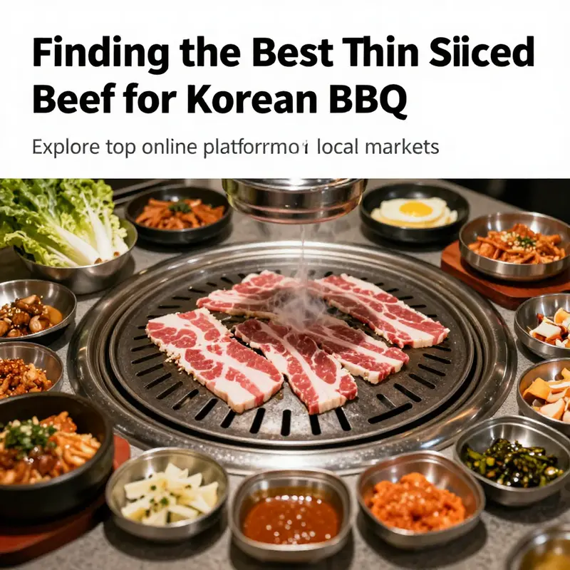 A delicious Korean BBQ setup displaying thin sliced beef on the grill with a variety of side dishes.