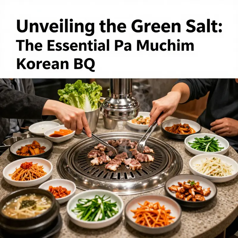 A lively Korean BBQ scene with diners enjoying grilled meats and an array of colorful side dishes, including pa muchim.