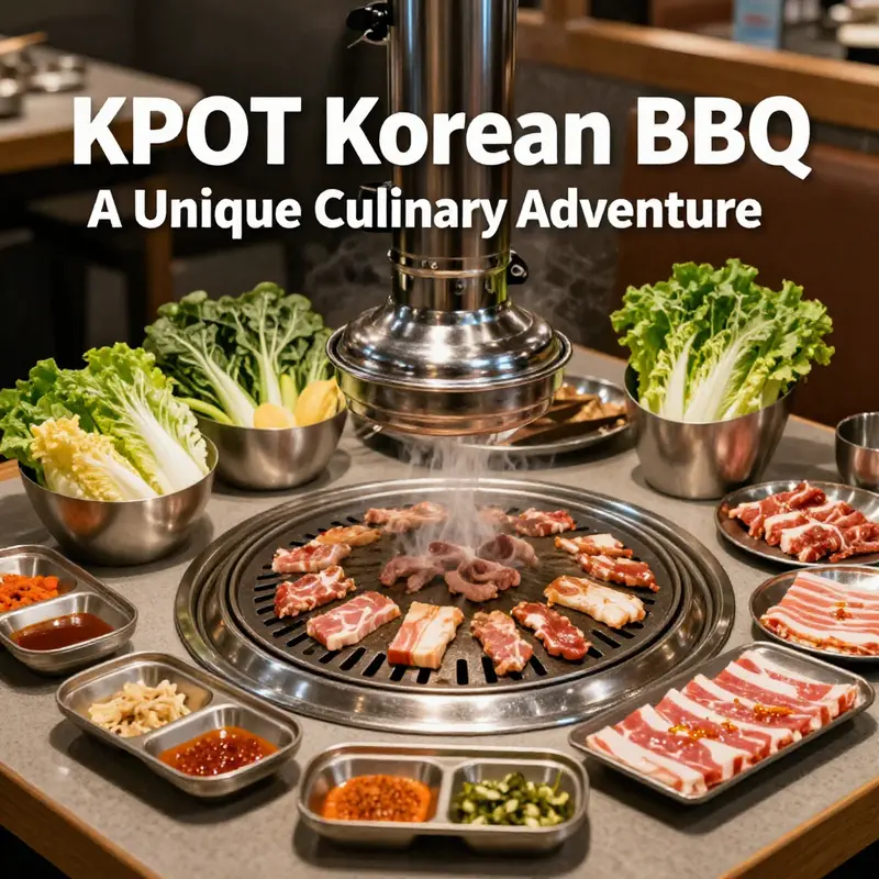 An inviting table setting at KPOT Korean BBQ provides a visual of the interactive dining experience featuring grilled meats and hot pot.