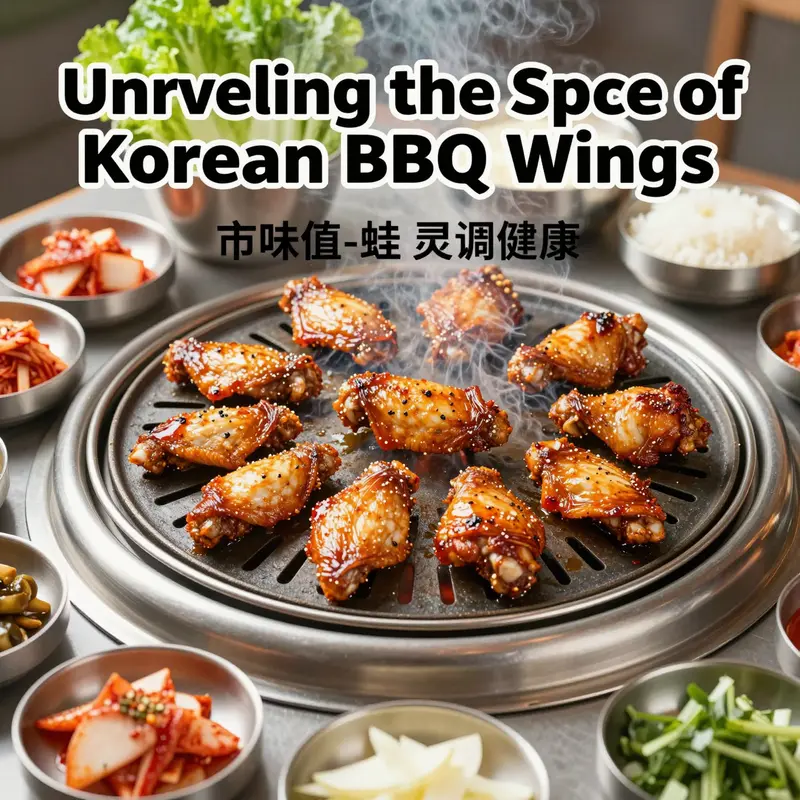 An outdoor Korean BBQ grill with sizzling wings surrounded by traditional side dishes, evoking a lively dining experience.
