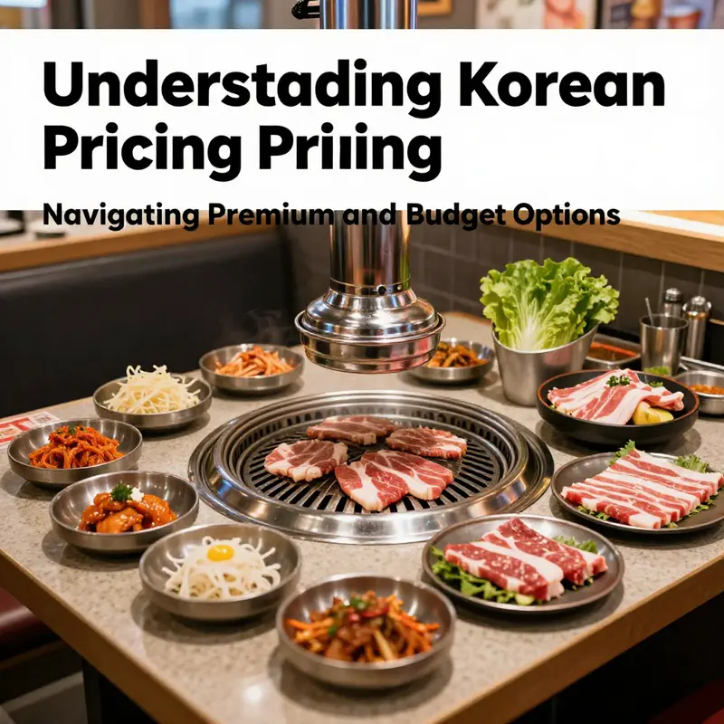 A lively table at a Korean BBQ restaurant showcasing premium cuts of meat and traditional side dishes.