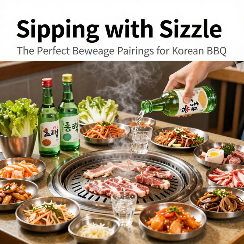 A traditional Korean BBQ setup highlighting soju as the quintessential drink.