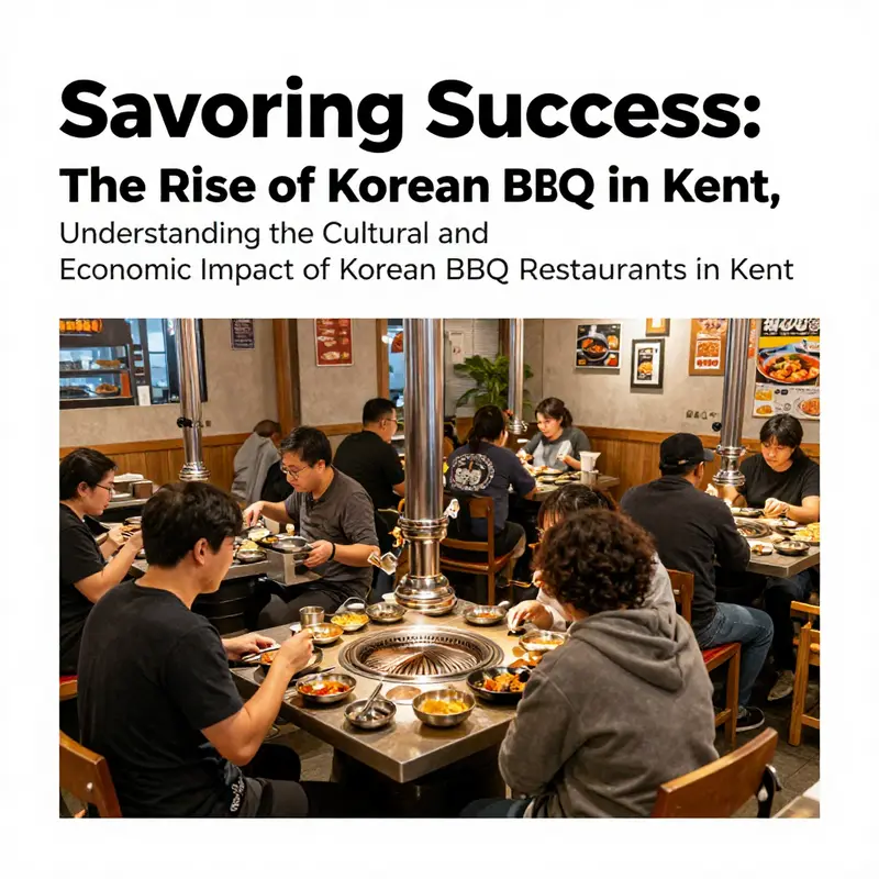 A panoramic view of a busy Korean BBQ restaurant with patrons grilling and sharing meals.