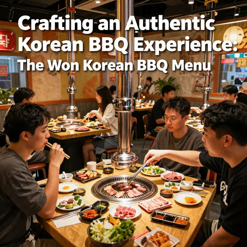 A vibrant display of the Won Korean BBQ menu, featuring a variety of meats and side dishes ready for grilling.